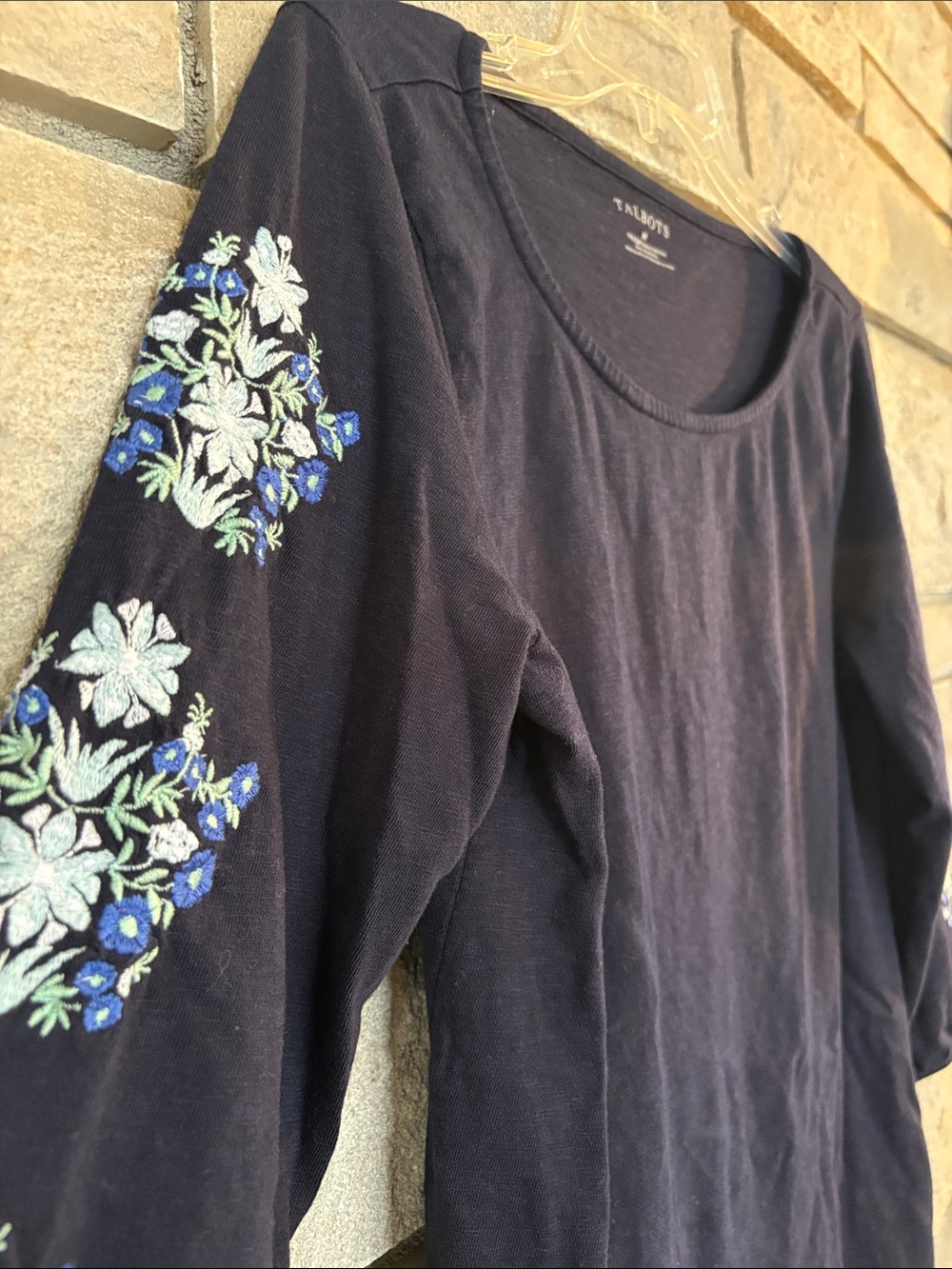 Talbots Navy Scoop Neck Long Sleeve Top with Blue & White Floral Embroidery - Picture 3 of 7